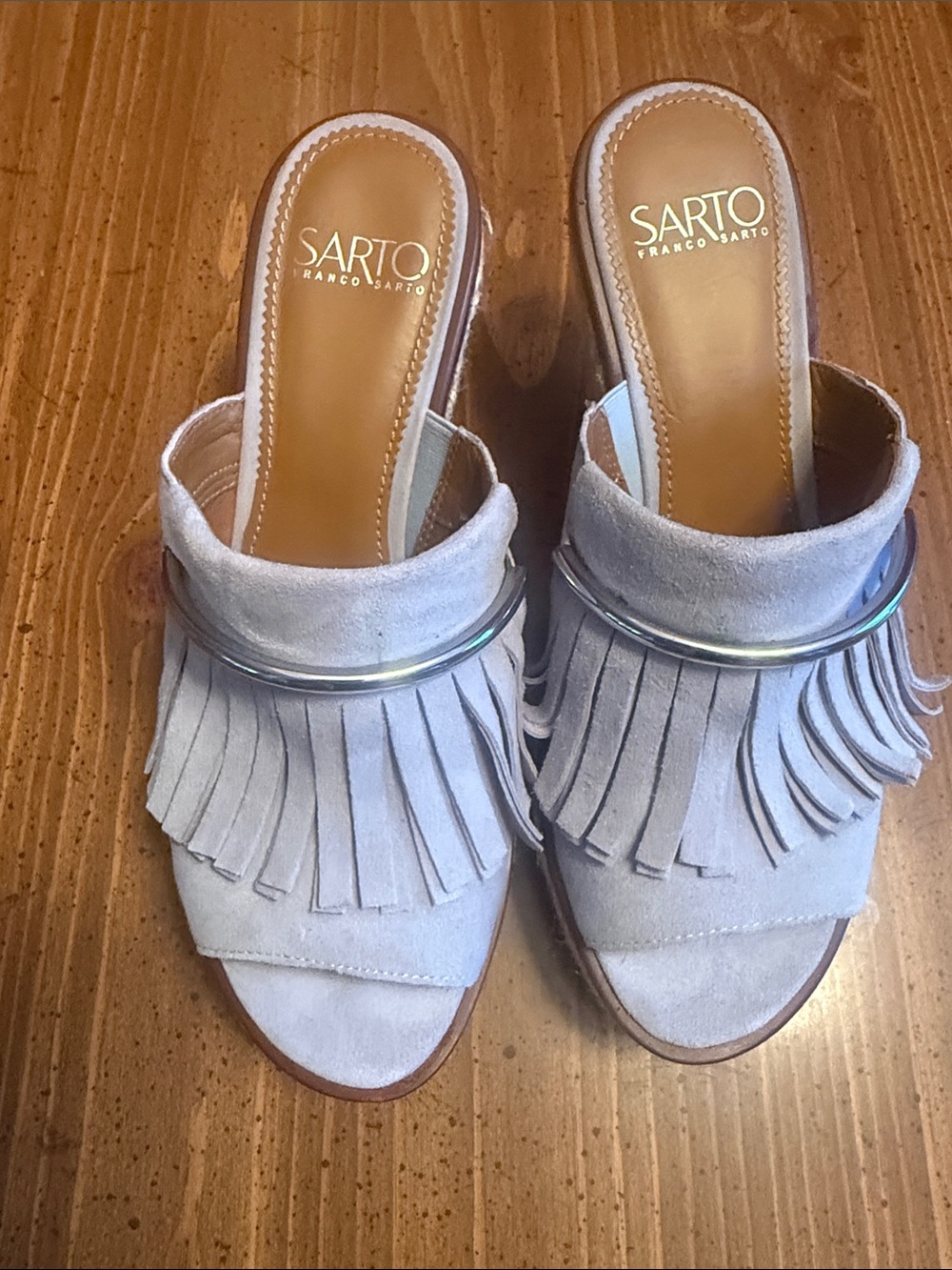 Franco Sarto Light Gray Suede Fringe Mule Slides